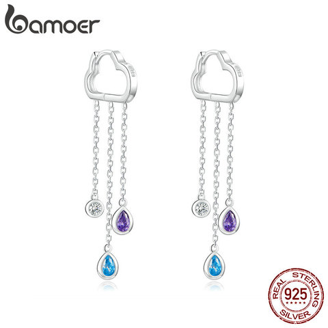 Bamoer-pendientes colgantes de cadena larga de Plata de Ley 925 para mujer, con circonita en forma de nube y lluvia, joyería coreana BSE220 ► Foto 1/6