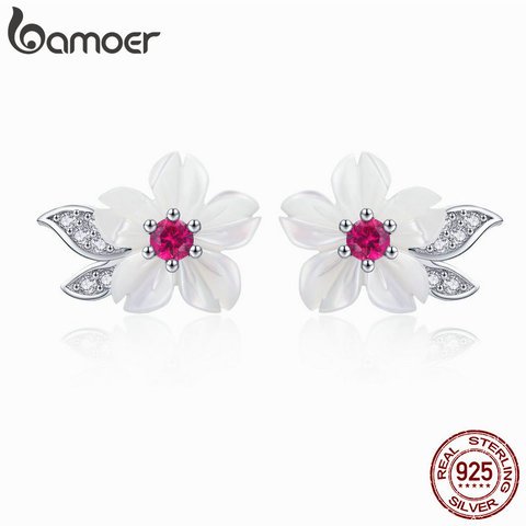 BAMOER-pendientes de plata de primera ley con forma de flor para mujer, aretes pequeños, plata esterlina 925, Concha pura, estilo coreano, 2022, BSE055 ► Foto 1/6