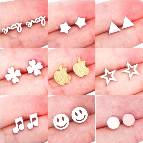 Pendientes de chica de ASONSTEEL con forma de estrella/carta de amor/sonrisa/copo de nieve/búho/flor/pendiente redondo de acero inoxidable para uso diario de las mujeres ► Foto 1/6