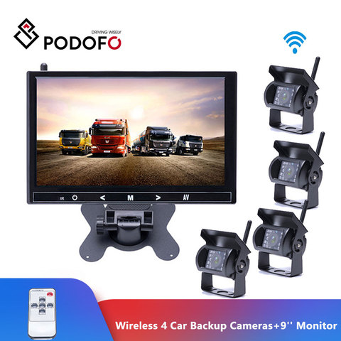 Podofo inalámbrico 4 cámaras de respaldo impermeable 18 IR visión nocturna. 9 pulgadas HD Monitor vista trasera Monitor para camión/Trailer/RV ► Foto 1/6