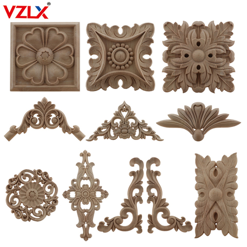 VZLX-pegatina de apliques de madera para decoración del hogar, figuritas tallado de madera, sin pintar, corona grande, hojas, flor ovalada, muebles, puertas ► Foto 1/6