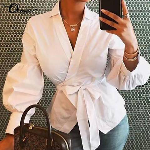 Elegante OL mujeres blusas Celmia largo manga linterna Peplum Tops otoño 2022 Sexy V-cuello cinturón de trabajo Casual camisas de S-5XL ► Foto 1/6