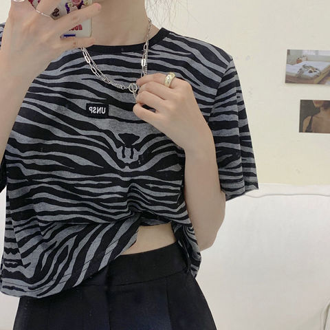 Camiseta de manga corta con estampado de cebra Y2k, Estilo vintage harajuku, top corto salvaje suelto, top de estética, ropa para verano ► Foto 1/6