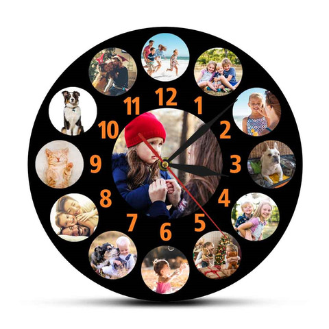 Foto familiar personalizada, Collage, 13 imágenes de Instagram con número naranja, fondo negro, reloj colgante de pared grande, regalo personalizado ► Foto 1/6