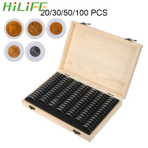 HILIFE-Caja conmemorativa de madera antioxidativa con almohadilla de ajuste, caja de almacenamiento de monedas, 20/30/50/100 Uds. ► Foto 1/6