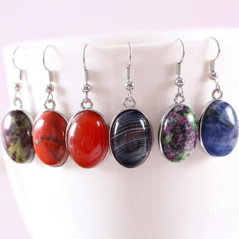 Pendientes colgantes de piedra Natural para mujer, de ónix ovalado, color rojo auténtico, púrpura y azul, de acero inoxidable, pendientes de ópalo blanco, 1 par ► Foto 1/1