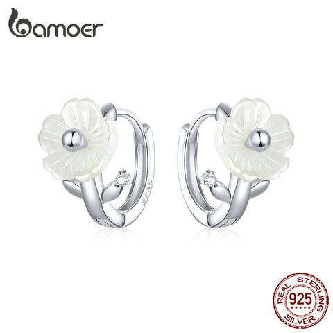 Bamoer aro-pendientes de plata de primera ley con forma de flor para mujer, aretes pequeños, plata esterlina 925, Concha blanca ► Foto 1/6