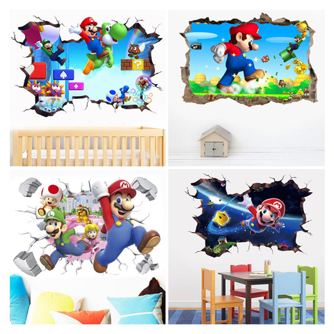 Pegatina de pared 3D dibujo de Mario Bros para habitación de niños, calcomanías para guardería, decoración de vinilo para el hogar, Mural para dormitorio, juego de sala de estar, póster ► Foto 1/6