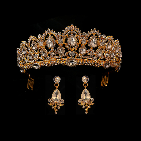 Corona de boda para mujer, tiara de novia dorada, corona de novia reina con pendientes, diadema barroca, diadema de princesa, baile de graduación, adorno de joyas para el pelo ► Foto 1/6