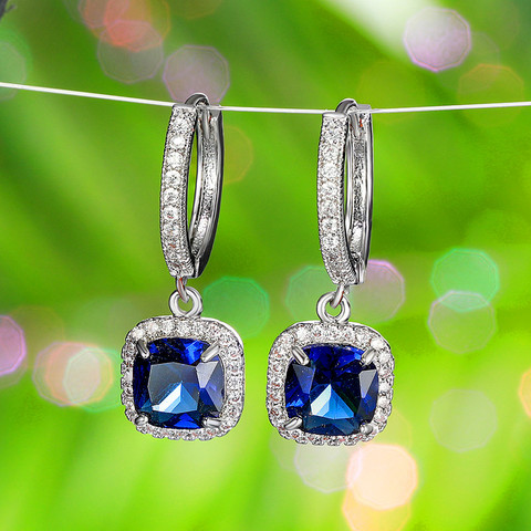 Pendientes de piedras cristal azules Vintage para mujer, aretes de aro de Color plateado clásico, aretes de boda cuadrados y delicados para novia para mujer ► Foto 1/6