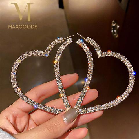 Pendientes con argolla de corazón para mujer, aretes colgantes de cristal brillantes a la moda, joyería para fiesta y boda ► Foto 1/6