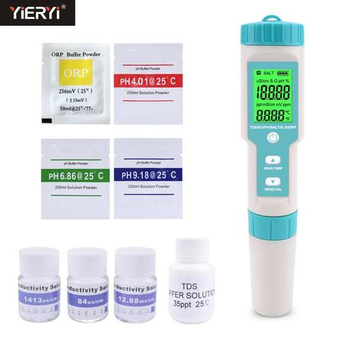 Medidor de PH de 7 en 1 de Yieryi, TDS, EC, ORP, gravedad específica del agua de mar, salinidad, C-600 de temperatura, medidor de PH con polvo tampón líquido de calibración ► Foto 1/6