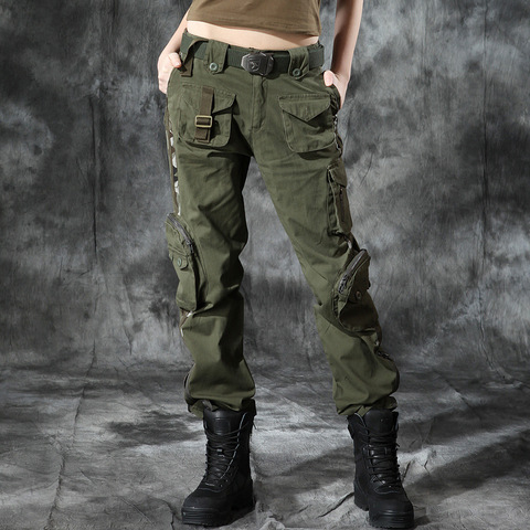 Las mujeres militares pantalones de carga con múltiples bolsillos ejército estilo de algodón de las mujeres verde militar táctico pantalones con cremallera apertura de la pierna pantalones de camuflaje ► Foto 1/6