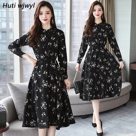 Otoño Invierno negro Vintage Floral gasa Midi vestido talla grande Boho Vestidos 2022 elegantes mujeres fiesta Vestido de manga larga Vestidos ► Foto 1/6