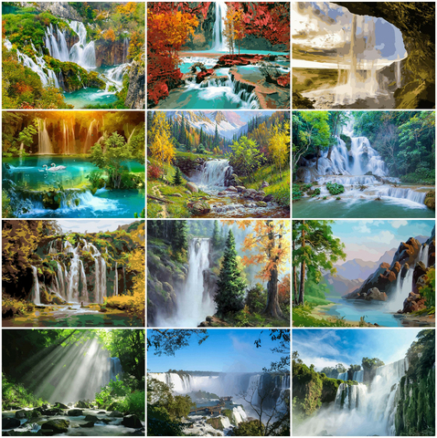 AZQSD pintura por números cascada en la lona DIY 40x50cm pintura de acrílico para colorear por números paisaje Natural pintado a mano, regalo ► Foto 1/6