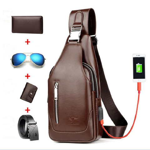 Bolso de hombro de cuero para hombre, diseño bandoleras con carga por USB, antirrobo, para pecho, de viaje, de negocios ► Foto 1/6