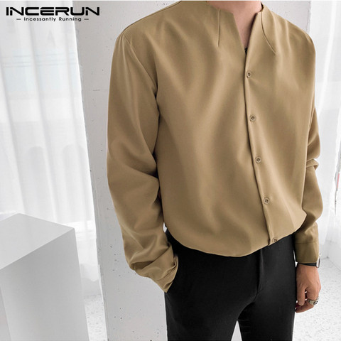 INCERUN-Camisa de manga larga para hombre, blusa informal con botones, cuello en V, estilo coreano, 2022 ► Foto 1/6