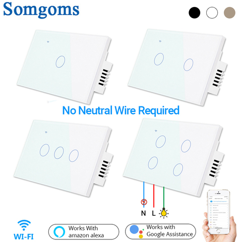 Somgoms Wifi inteligente muro táctil interruptor de luz, sin cable neutro, aplicación remota Home Drive, funciona con Alexa Google ,1/2/3/4 Gang ► Foto 1/6