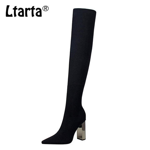 LTARTA 2022 botas de Botas Largas hasta la rodilla para mujer, tacón cuadrado de Metal, tacón alto, puntiagudas, Sexy, elasticidad, botas de lana finas. DS ► Foto 1/5