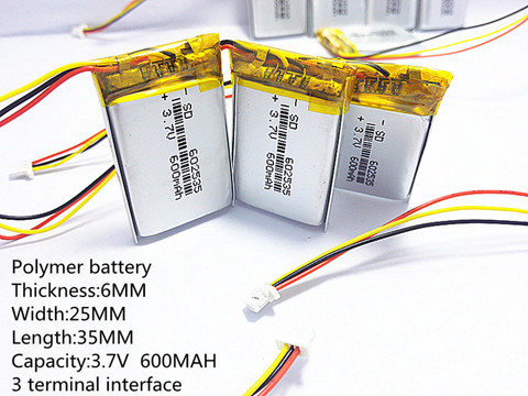 Batería de litio de polímero de 3 hilos, 602535, 3,7 v, 600mah, se puede personalizar, certificación de calidad CE FCC ROHS MSDS, venta al por mayor ► Foto 1/5
