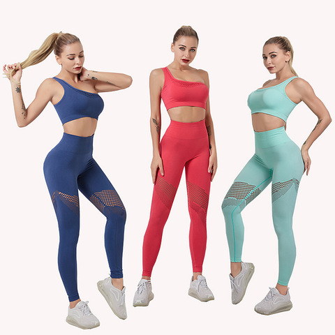 Conjunto de Yoga de 2 piezas para mujer, ropa de gimnasio, Sujetador deportivo de un hombro, mallas deportivas, conjuntos de entrenamiento para mujer, trajes de gimnasio atléticos ► Foto 1/6