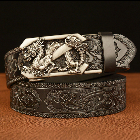 Cinturón de piel de vaca con diseño de dragón para hombre, cinturón masculino de cuero genuino con diseño de dragón y hebilla automática ► Foto 1/6