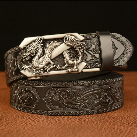 Cinturón de piel de vaca con diseño de dragón para hombre, cinturón masculino de cuero genuino con diseño de dragón y hebilla automática ► Foto 1/6