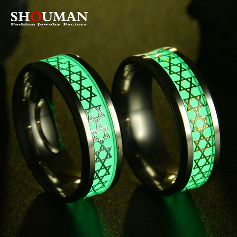 SHOUMAN-anillo luminoso brillante en la estrella oscura de David, hexagrama con incrustación, fondo verde, anillos fluorescentes para hombres y mujeres ► Foto 1/5