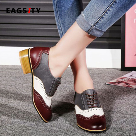 EAGSITY-zapatos oxford de colores variados para mujer, zapatos planos antiguos, brogue con cordones, punta en pico, informales, estilo derby ► Foto 1/6