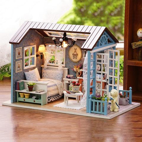 Estilo americano juguetes de madera para niños casa clásica Mini casa de muñecas DIY juguetes con luz LED hecha a mano de la muñeca, muebles de Casa de Kit ► Foto 1/6