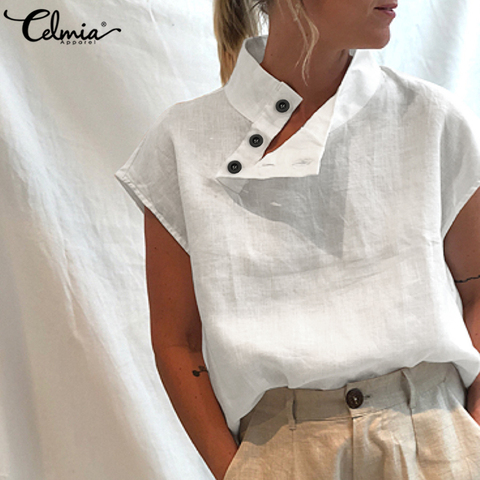 Celmia elegante túnica Tops de talla grande mujeres de manga corta verano Blusas botones sólido algodón Lino camisa Blusas sueltas informales Mujer ► Foto 1/6