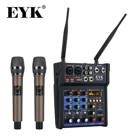 Mezclador de audio estéreo EYK, micrófonos inalámbricos UHF integrados, consola mezcladora de 4 canales con Bluetooth, USB, efecto para DJ Karaoke PC Guitar ► Foto 1/6