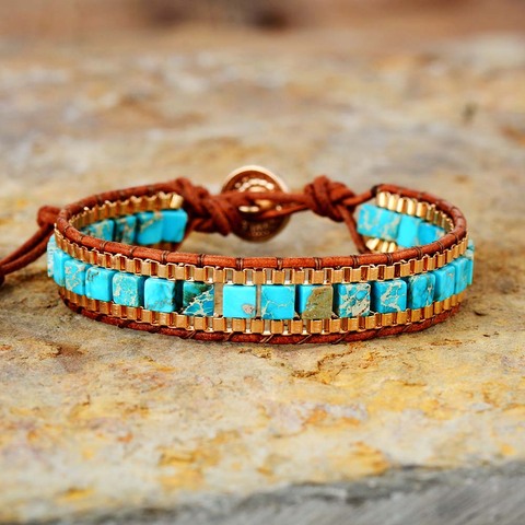 Pulsera envolvente tejida para mujer, brazalete con piedras de Turquise, cadena de oro, pulsera envolvente tejida, joyería Bohemia ► Foto 1/6