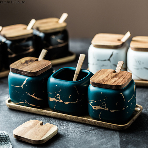 Caja de condimentos de cerámica, Juego de 3 unidades de latas de sal individuales de color mármol mate nórdico para el hogar y la cocina ► Foto 1/6