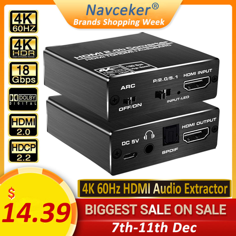 Extractor de Audio HDMI 2022 compatible con 4K 60Hz YUV 4:4:4 HDR HDMI, Adaptador convertidor de Audio 4K HDMI a TOSLINK óptico SPDIF, 2,0 ► Foto 1/6