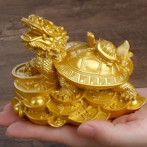 De resina de oro Feng Shui tortuga dragón estatuilla tortuga estatua moneda riqueza monetaria adornos animales para el hogar Oficina Decoración de la Mesa ► Foto 1/6