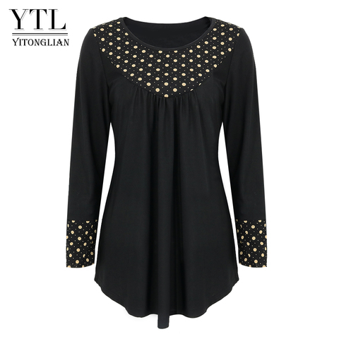 Yitonglian-Blusa Retro de lunares y manga larga con cuello redondo para mujer, blusa negra de talla grande, blusas estilo túnica holgadas e informales H422 2022 ► Foto 1/6