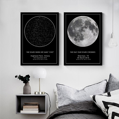 Pintura de cielo en lienzo personalizada para Mapa de estrellas, regalo de boda, constelación, guardería, arte de pared, póster impreso, imágenes, decoración del hogar para dormitorio ► Foto 1/6