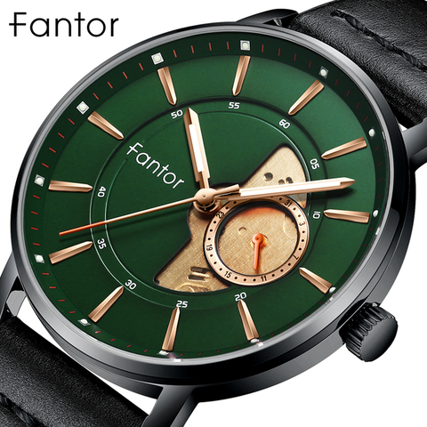 Fantor-Reloj de pulsera informal de lujo para hombre, reloj de pulsera masculino de cuero, color verde, de cuarzo, 2022 ► Foto 1/6