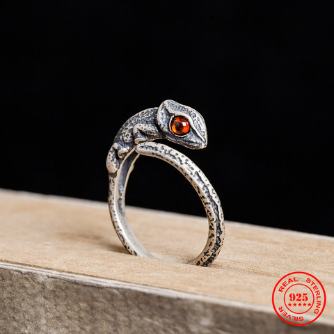 MKENDN Vintage 100% Plata de Ley 925 camaleón anillo con los ojos rojos para los hombres y las mujeres gótico de la calle joyería Hip Hop Punk ► Foto 1/6