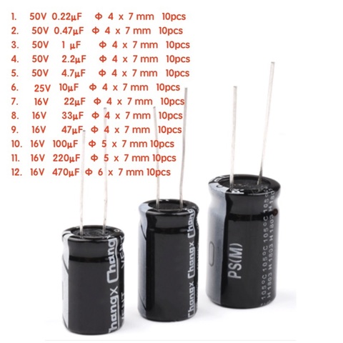 Juego de 12 valores de aluminio electrolitico, juego de selección de condensador, 120 unids/lote, 0,22 UF-470UF ► Foto 1/2