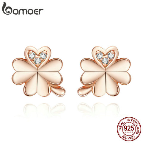 Bamoer-pendientes de tuerca de cuatro hojas para mujer, Color oro rosa, Plata de Ley 925, joyería de boda para niño, antialergias BSE233 ► Foto 1/6