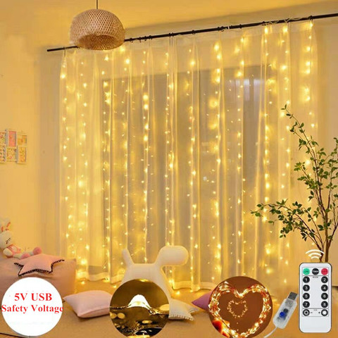 Guirnalda de luces LED para cortina, 3M, con Control remoto por hilos de hadas alimentados por USB, Lámpara decorativa blanca cálida para ventana y fiestas navideñas ► Foto 1/6