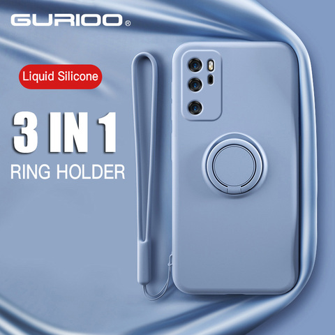 Funda con anillo de silicona líquida para Huawei, funda con soporte magnético suave para Huawei P20 P30 P40 Mate 20 30 Lite Honor 30S Pro Nova 5T 6 7 ► Foto 1/6