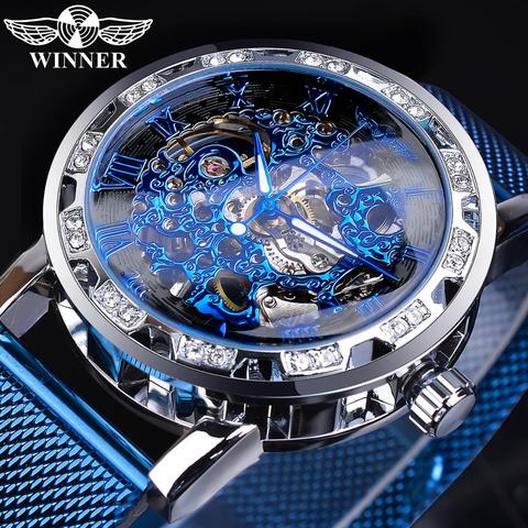 Ganador de diamantes de moda de los hombres de negocios reloj acero azul mecánica clásico real de movimiento de reloj mecánico con mecanismo a la vista ► Foto 1/6