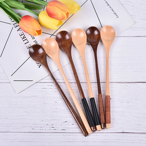 Cucharas de madera cuchara grande de mango largo cuchara para niños cuchara para postre de madera, sopa y arroz té de café vajilla de mezcla 1pc ► Foto 1/6