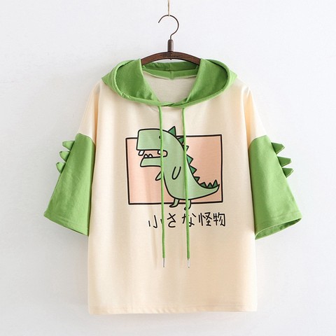 Camiseta con capucha para mujer, jerséis de verano, Tops con dibujo de dinosaurio, Harajuku, Camisetas estampadas, bonita, Kawaii, 2022 ► Foto 1/6