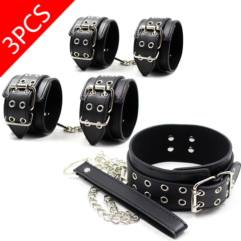 Juego de Bondage fetiche para parejas y adultos, esposas de cuero sintético, brazalete de tobillo, BDSM, Collar esclavo, restricción, Cosplay, juguete sexual ► Foto 1/6