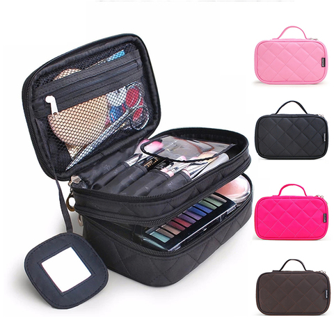 2022 viaje moda bolso cosmético de Color sólido mujer impermeable maquillaje organizador de la belleza doble capa Lingge bolsas de cosméticos ► Foto 1/6