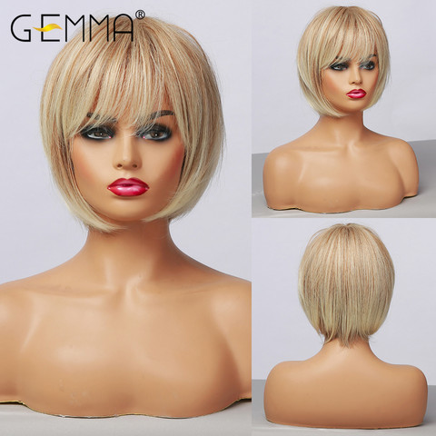 GEMMA-pelucas sintéticas con flequillo lateral para mujer, pelo corto, liso, mixto, marrón, Rubio, para fiesta diaria, corte Bob, fibra de Tempearture ► Foto 1/6